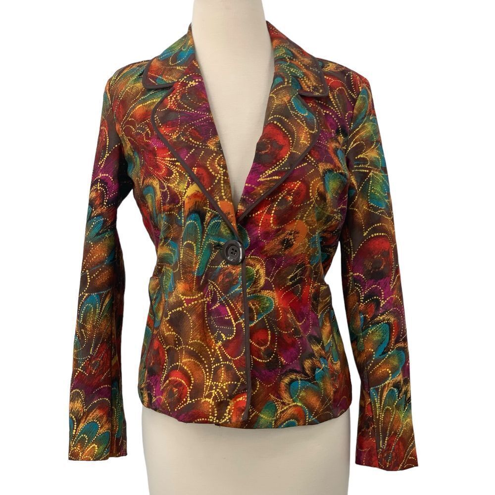 Chicos Brown Purple Orange Floral Peacock Metallic Lined Blazer Jacket Size 0 Sm